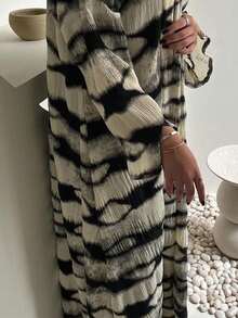 1pc Solid Color Elegant Casual Polyester Robe, Meticulously Crafted Fabric With Fine Workmanship, Graceful And Stylish Abaya, Modest Kaftan - Black and White - View 2