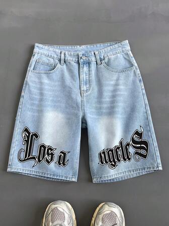 HEHCN 男士浅蓝色水洗宽松字母印花牛仔短裤 休闲简约时尚美式街头风休闲牛仔短裤