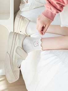 1/5 Pairs Women's Cartoon Bear Floral Lace Ruffle Trim Sweet Print Ankle Socks, Spring/Summer, Japanese Style - Multicolor - View 6