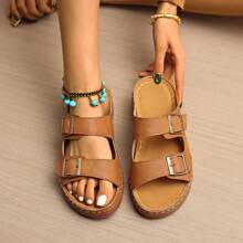 Women's Black Open Toe Slides With Dual Buckle Straps - Comfortable Thick Sole, Durable, Breathable, Non-Slip, Wear-Resistant, Spring/Summer Casual Shoes, Outdoor Slippers, Slouchy Flat Sandals | Dual Buckle Design | Synthetic PU Leather