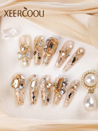 10pcs Luxury Handmade Fully Studded Yellow Rhinestone Artificial Long Press-On Nails Set, Includes 1 Adhesive Sticker And 1 Mini Nail File