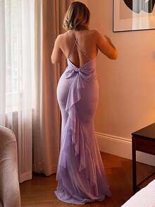 Elegant Spaghetti Strap Backless Bowknot Bodycon Dress, Party Dress, For Cocktail - Purple - View 3