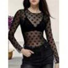 Women's Mesh Fishnet Top See Through Cover Up Sand Perspective Love Base Short Sleeves T Shirts Sheer Blouse - Black - View 4