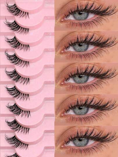 10对透明带猫眼短款柔软3D貂毛假睫毛，打造自然妆容，适合万圣节