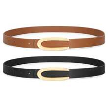 2pcs Solid Color Casual PU Leather Women Thin Waist Belt, Adjustable For Spring & Summer