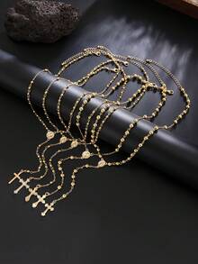 5pcs Vintage Punk Metal Multielem Cross Jesus Pendant Y Necklace Set, Fashion Creative Beaded Layerable & Standalone Long Necklace, Charming Jewelry Set For Men Daily Decoration - Yellow Gold - View 6