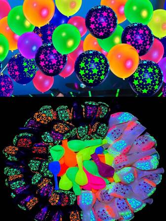 96个霓虹气球，夜光气球，荧光派对霓虹气球，12英寸紫外线星形黑光反应发光气球，氦气乳胶发光气球，适用于生日、婚礼、万圣节、发光派对用品、霓虹发光派对装饰