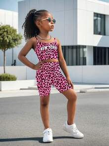 2pcs Outfit With Leopard Print Tank Top And Cycling Shorts For Outdoor - Hot Pink - View 3