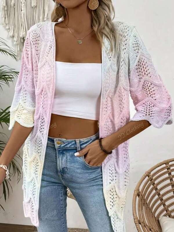 Plus Size Women Loose Hollow Out Knit Cardigan, Casual Vacation Beach Wear