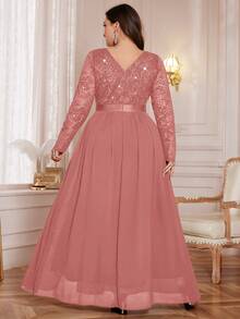 Plus Size Deep V-Neck Sequin Floral Lace Contrast Color Chiffon Slit Maxi Dress, Elegant Formal Gown For Prom, Wedding Guest, Valentine's Day, Graduation Ceremony, Banquet, Homecoming, Holidays - Dusty Pink - View 3