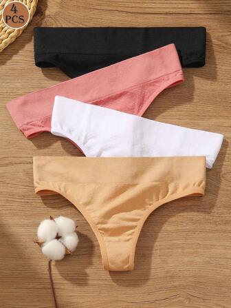 4pcs Women Plain Comfortable Minimalist Jacquard Knit Thong Panties