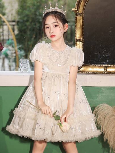 Rochie de petrecere la modă pentru fete tinere, perle strălucitoare de vară, decorațiuni cu perle și diamante, mâneci bufante, ținute de nuntă și formală pentru copii, costum de prințesă pentru fete