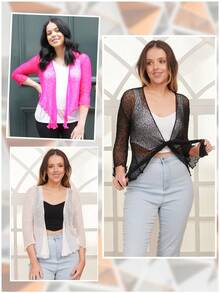 Womens Fish Net Knitted Tie Up Bolero Shrug Top Ladies 3/4 Sleeve One Size Fits All - View 3