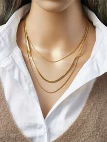 1pc Stainless Steel 3 Layer Versatile Multi-Layered Necklace, Suitable As Gift For Holidays - Yellow Gold - View 8
