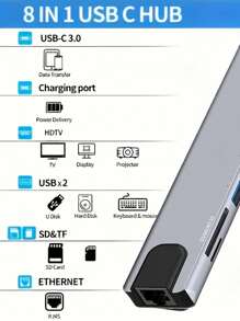 8 In 1 Port Docking Station USB Type C HUB To HDM 4K-Compatible RJ45 SD&TF Card Reader USB 3.0 PD 87W Adapter Splitter For Laptop PC Pro Air Android Phone Take It With You On Office Trips And Business Trips