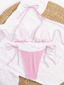 Sexy Cute Gingham Ruffled Print Bikini Set, Two Pieces Swimwear For Women, Suitable For Beach & Pool - Pink - View 2