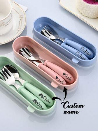 2pcs Customizable For Any Children's Tableware, Spoons, Forks, Storage Box Sets, Boys And Girls' Dedicated Children's Tableware Sets, Holiday Gift Tableware Sets. Perfect For Kindergartens. Customizable For A Unified Tableware Set For Kindergartens. Customizable Stainless Steel Tableware Sets With Engraved Patterns - Including Spoons And Forks.),Christmas Gift