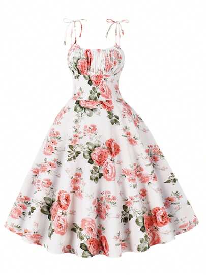 2025 Summer Elegant Floral Print Spaghetti Strap Knee-Length Casual Resort Beach Dress