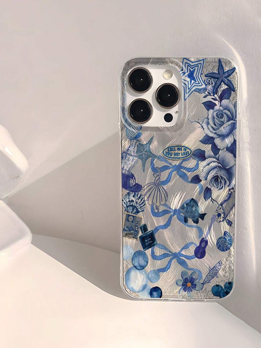 Bow-Knot1pc Blue Bow Rose Pattern Shiny Waterproof Shockproof Non-Slip Soft Protective Phone Case, Compatible With IPhone 16/16PRO/16PRO MAX/16PLUS - Multicolor - View 1