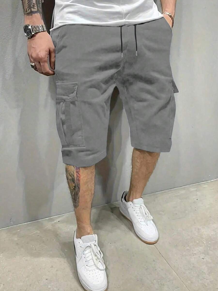 Plus Size Men's Casual Solid Color Multi-Pocket Cargo Shorts - Light Grey - View 1