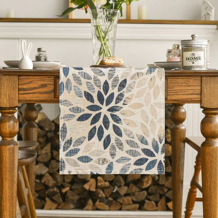 1 Stück rechteckiger Polyester Tischläufer - gewebtes marineblau-weißes Dahlienmuster, eleganter Bommel-Saum, vielseitig einsetzbar für Zuhause, Dining, Party Dekoration, Farmhouse Geometrisches Mittelstück - Blau - Übersicht 1