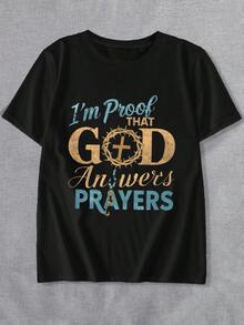 耶稣基督信仰图案印花夏季休闲女式 T 恤 - 黑色 - 查看 3