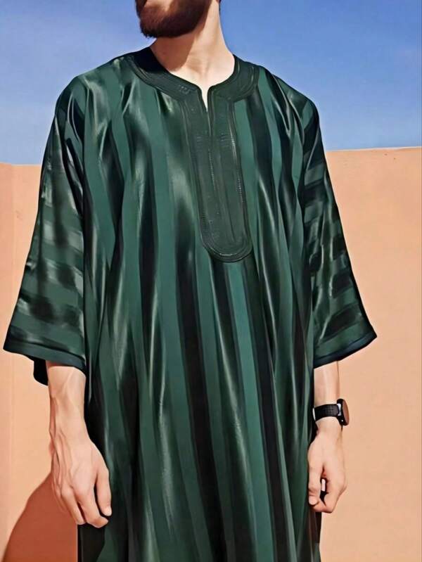 Bata de hombre árabe bordada para jóvenes, bata verde holgada y casual