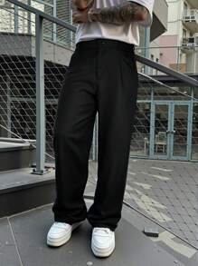 Yemwry Pantalones casuales de hombre de pierna recta con pliegues de unicolor, con un corte elegante, adecuados para varios estilos, una opción ideal para crear un look cotidiano sencillo pero elegante
