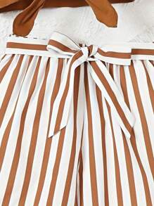 2 peças/Conjunto Top de Manga Curta com Estampa de Amor para Meninas e Adolescentes Uso Casual Diário + Shorts com Estampa Listrada com Cinto Listrado Aleatório