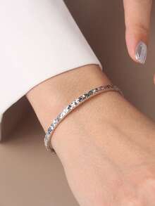 1pc Genuine 925 Sterling Silver Bangle Bracelet Rhodium Plated 5.5/6.5 Cm Inner Diameter Two Size Selection Hammered Texture Minimalism Style Dainty Jewelry Hand Accessory Suitable For Man & Women Daily Wearing, Party, Festival - Silver - View 6