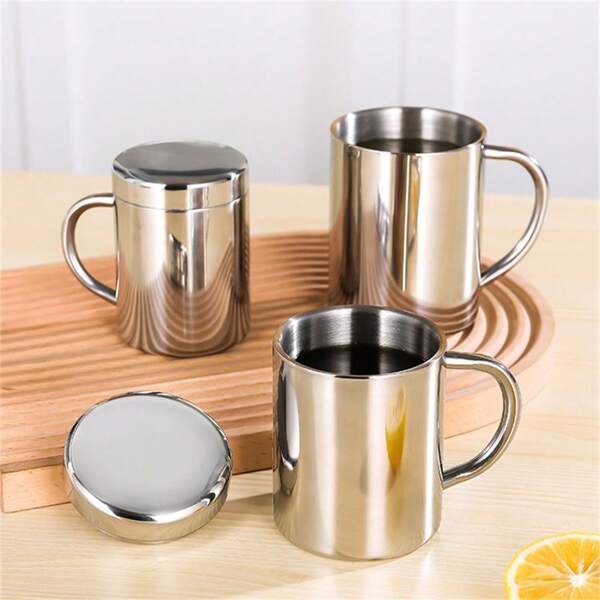 1 pièce Tasse à café en acier inoxydable avec couvercle et anse, tasse en métal incassable à double paroi. Tasse à café de voyage, tasse à thé de camping en acier inoxydable incassable, idéale pour la rentrée scolaire