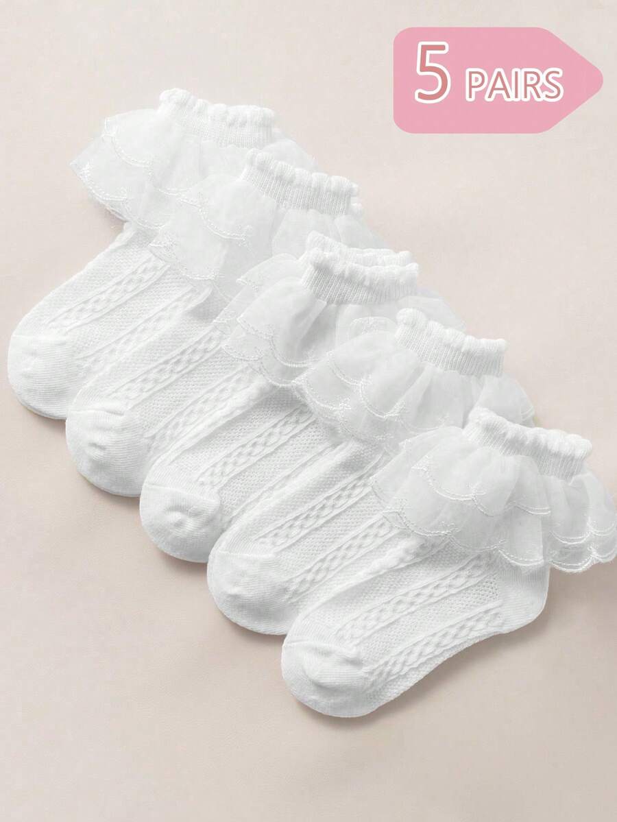 1/5 pares de calcetines blancos con volantes y encaje para niñas, calcetines de malla transpirables de estilo princesa, regalo para la escuela/recital de baile/cumpleaños en primavera/verano - Blanco - Ver 1