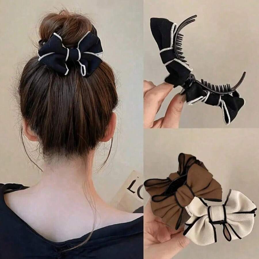 1pc/3pcs New Bowknot Double-Sided Hair Claw Clips, Versatile Bun Holder, Suitable For All Seasons - Multicolor - View 1