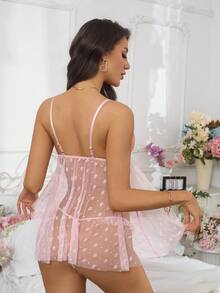 Small Plum Blossom Mesh See-Through Ruffle Trim Sexy Lingerie Set - Pink - View 1