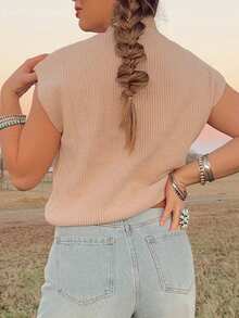 Acelitt Oatmeal "HOWDY" Cowboy Rodeo Pattern Turtleneck Short Sleeve Sweater - Khaki - View 2