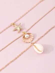 1pc Minimalist Shell & Starfish Pendant Necklace, Multilayered Women Summer Ocean Series Accessory - Yellow Gold - View 4