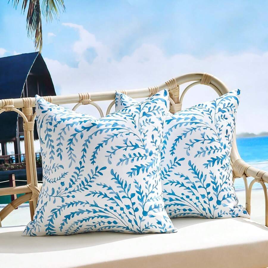2pcs Botanical Bohemian Style Outdoor Waterproof Throw Pillow Covers - Water Blue - View 1