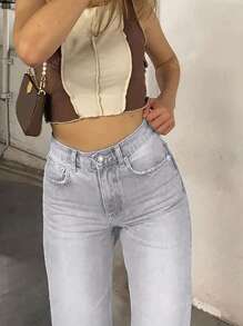 NVFelix Nuevos jeans rectos de pierna recta con bolsillo desgastado de moda - Ropa de vuelta al colegio para otoño