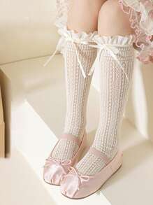 1 Pair Lace Edge Ankle Length Socks, Hollow Out Calf High Socks With Bowknot, Lolita Ballet Style, Thin Fabric, Spring/Summer
