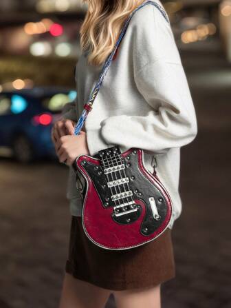 Dancing Engine Bolso de hombro con forma de guitarra para mujer, bolso bandolera de moda con correa ancha, estilo casual rockero de piel de PU