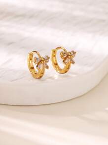 1 Paar romantische, elegante Zirkonia Schleifenohrringe für Frauen, Edelstahl, goldfarben beschichtet, Schleifen-Ohrringe, luxuriöser Hochzeitsschmuck