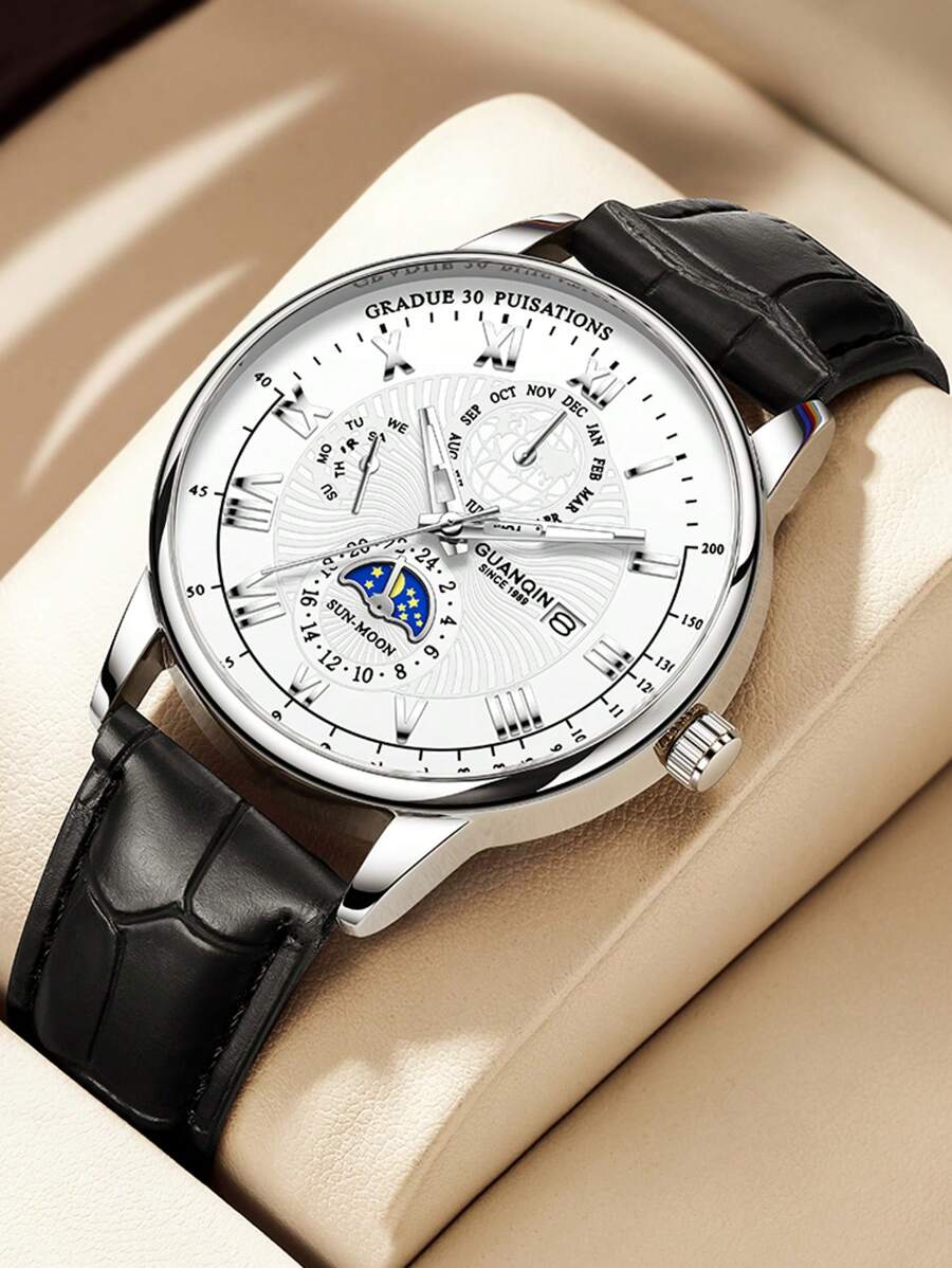 GUANQIN 1pc GUANQIN Luminous Watch With Weekly Month Calendar Multi-Functional Moon Phase Dial 24 Hour Display Wear-Resistant Comfortable PU Leather Strap Fashion Business Luxury Sporty Classic Simple Casual Mechanical Style Men Automatic Quartz Watch Suitable For Father's Day,Festivals,Dating,Business, Daily,Gifts