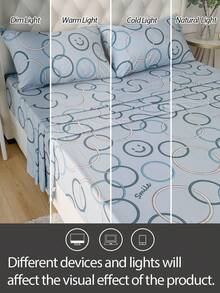 4件套100%涤纶笑脸印花床上用品套装（2个枕套+1个床单+1个床笠），现代涤纶床上用品套装，四季皆宜 - 彩色 - 查看 4