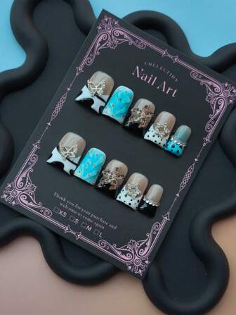 Y2K 10 PC Handmade Press On Nails Duckbill Nail Beach Summer Style With Butterfly Seaweed Crystal Suitable For Beach Vacations, Costume Balls, Etc. Elegant And Gorgeous