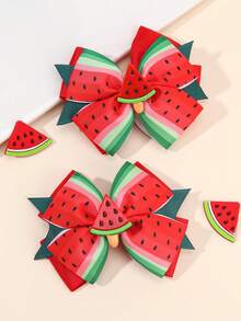 2PCS Girls Watermelon Bow Hair Clips, Cute Watermelon Print Bow Hairpins, Girls Fashion Red Hair Bows, For Daily And Party, Hair Accessories - Multicolor - View 1