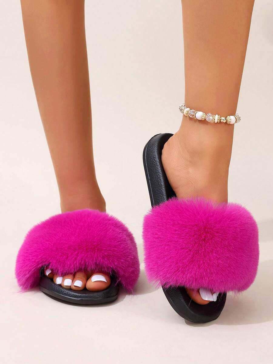 Women's Fluffy Colored Plush Summer Slides, Solid Color Beach Slippers With Anti-Slip Sole, Casual House Indoor & Outdoor