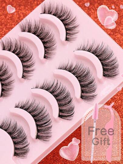 5对自然蓬松柔软3D水貂毛假睫毛，超长超浓密，短款浓密假睫毛，散装假睫毛，适用于婚礼、派对、夜店、日常工作、会议等场合的化妆产品，佩戴舒适。