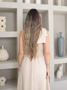 Helena Luxury Dune Linen Midi Dress With Bow On The Sleeve - Beige - View 6