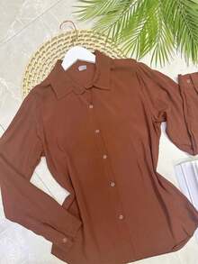 Women's Shirt In Beautiful Viscose Fabric - 咖啡棕 - 查看 3