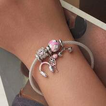 1 PC 925 Sterling Silver Princess Pink Volleyball Sport Serie Headphone Pendant Tennis Charm Barbell Bead Fit Braceket DIY Making - Silver - View 2